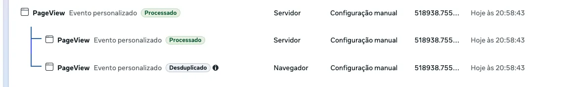 Gerenciador de Eventos da Meta mostrando o PageView do servidor como processado e o do navegador como desduplicado, com o mesmo ID de evento