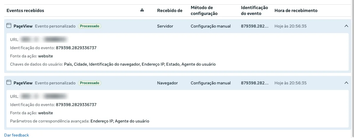 Detalhes de dois eventos PageView com a mesma identificação, um recebido do servidor e outro do navegador, com o domínio do cliente borrado