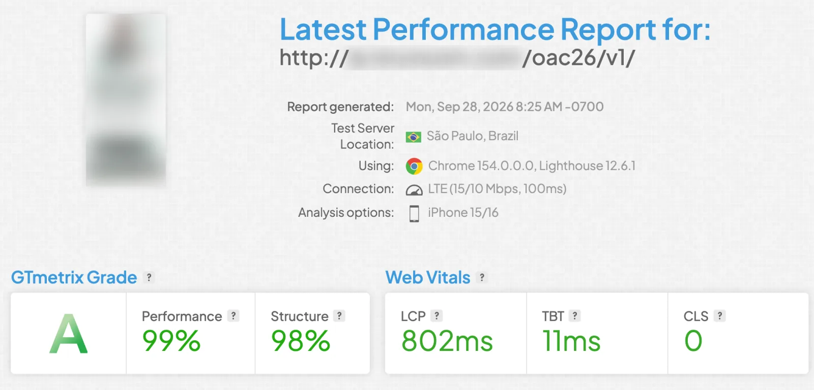 Relatório do GTmetrix com nota A, performance 99%, LCP de 802 ms, TBT de 11 ms e CLS 0, com o domínio e a miniatura da página borrados