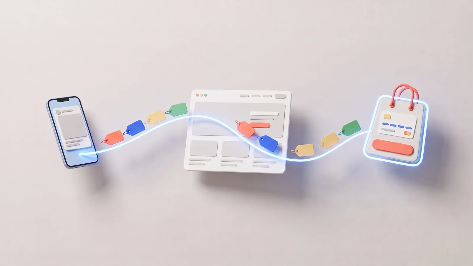 Ilustração de um caminho de luz que sai de um anúncio no celular, passa por uma página e chega a um cartão de checkout, levando etiquetas coloridas pelo caminho